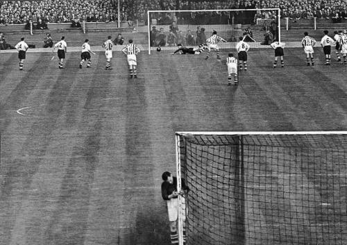 West Brom goalkeeper Jimmy Sanders can't look as Ronnie Allen scores a crucial penalty v Preston,1954 FA Cup final.